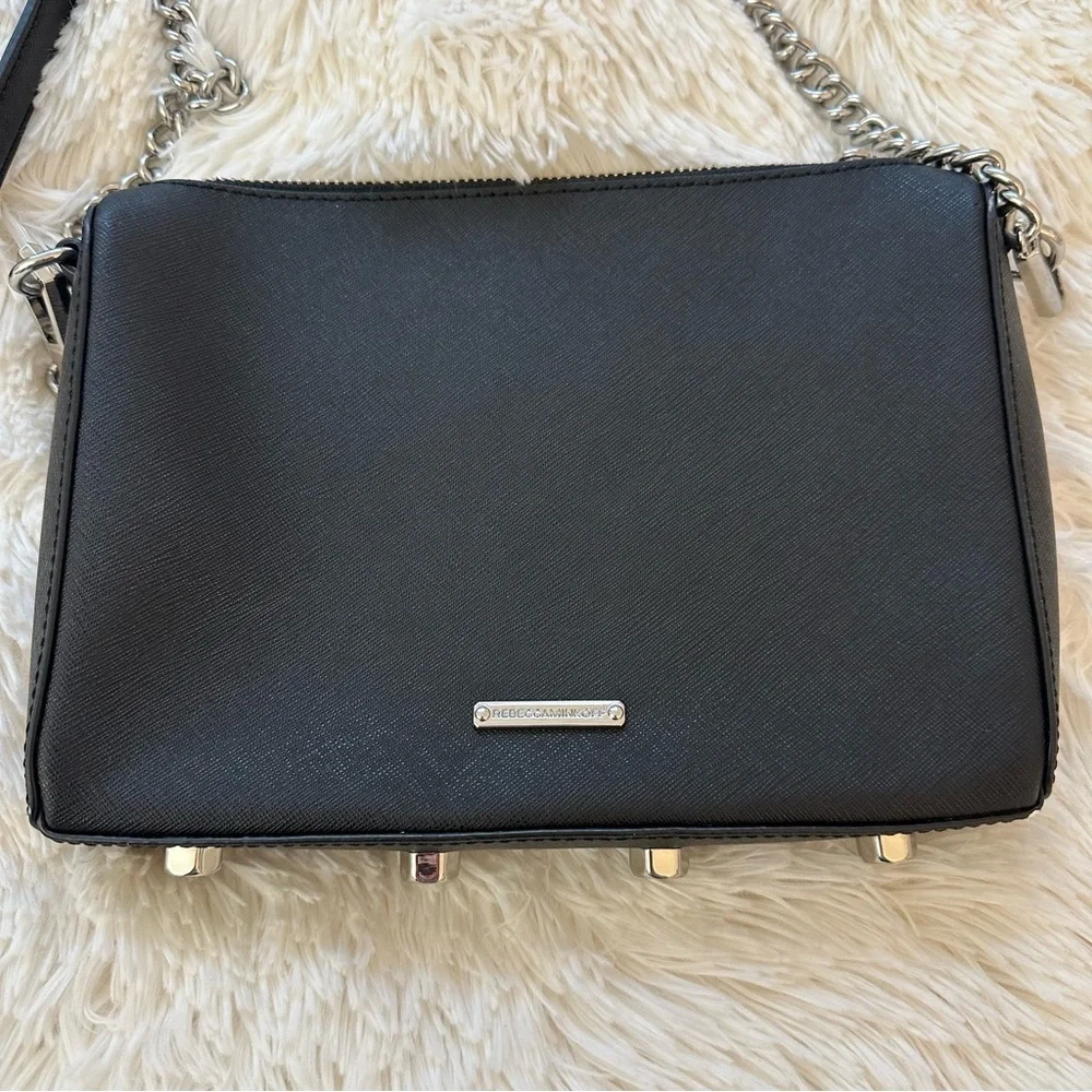 Rebecca Minkoff Avery Black Saffiano Leather Crossbody Bag Chain Strap Zip Top